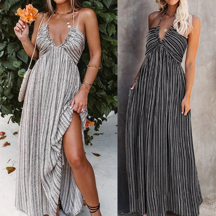Casual Dresses- Striped A-Line Plunging Maxi Dress with Bowknot Back- - Chuzko Women Clothing