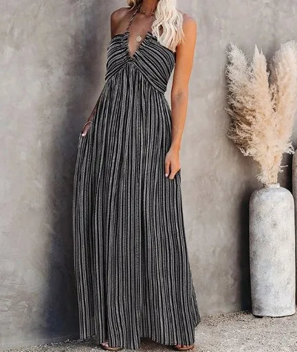Casual Dresses- Striped A-Line Plunging Maxi Dress with Bowknot Back- Black- Chuzko Women Clothing