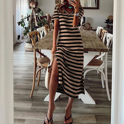Casual Dresses- Striped Tee Midi Dress with Side Slits for Summer Outings- Khaki- Chuzko Women Clothing