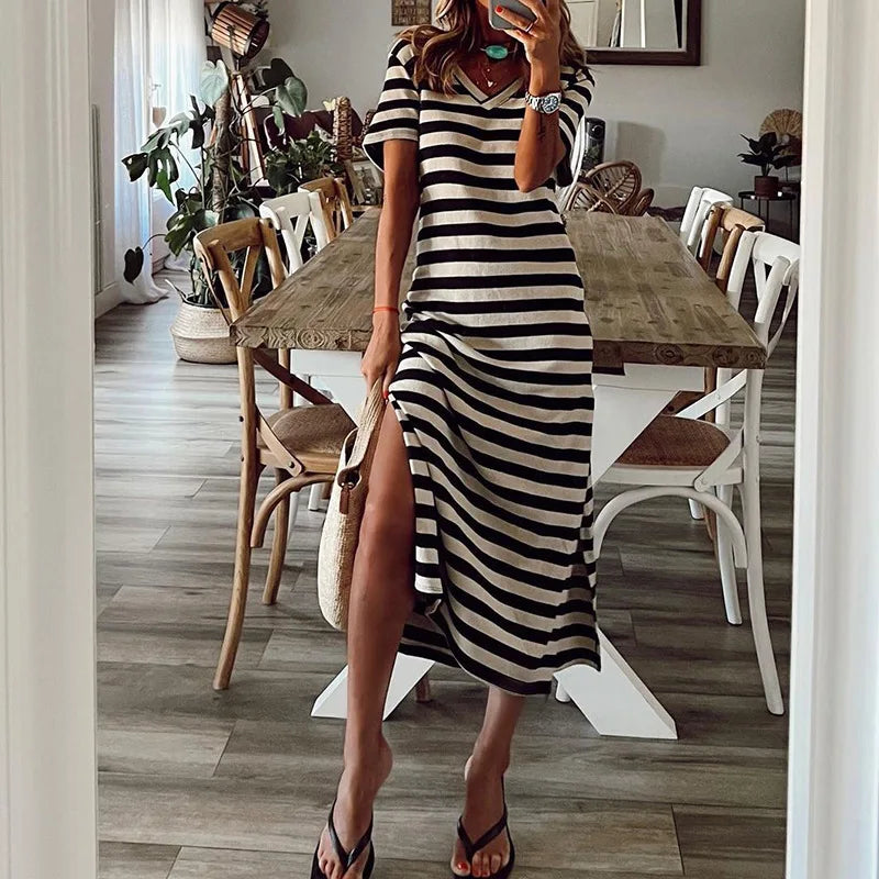 Casual Dresses- Striped Tee Midi Dress with Side Slits for Summer Outings- White- Chuzko Women Clothing