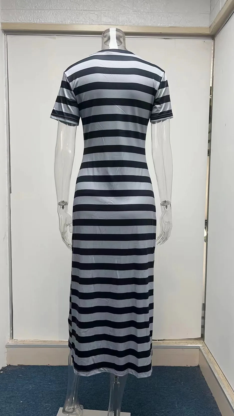 Casual Dresses- Striped Tee Midi Dress with Side Slits for Summer Outings- - Chuzko Women Clothing