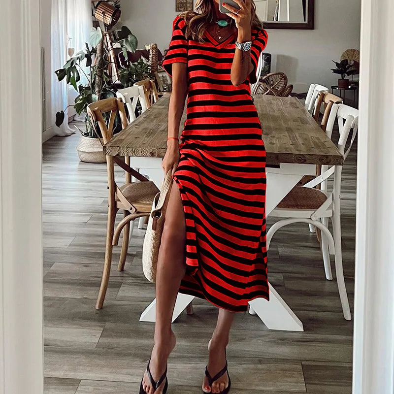 Casual Dresses- Striped Tee Midi Dress with Side Slits for Summer Outings- Red- Chuzko Women Clothing