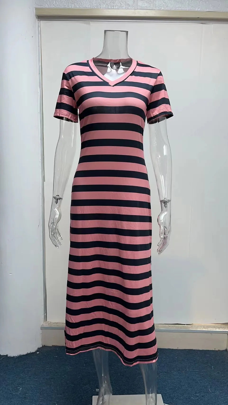 Casual Dresses- Striped Tee Midi Dress with Side Slits for Summer Outings- - Chuzko Women Clothing