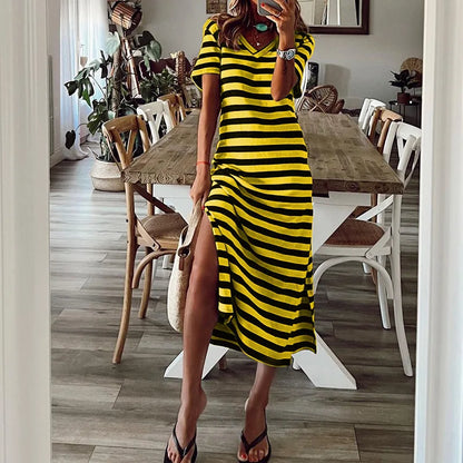Casual Dresses- Striped Tee Midi Dress with Side Slits for Summer Outings- Yellow- Chuzko Women Clothing