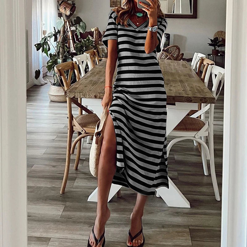 Casual Dresses- Striped Tee Midi Dress with Side Slits for Summer Outings- Gray- Chuzko Women Clothing