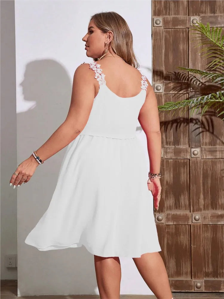 Casual Dresses- Summer Blouson Plus-Size Dress with Lace Detail- - Chuzko Women Clothing