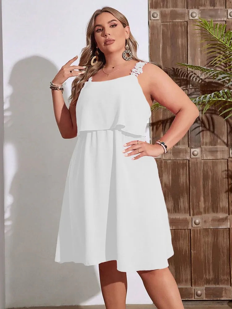 Casual Dresses- Summer Blouson Plus-Size Dress with Lace Detail- White- Chuzko Women Clothing