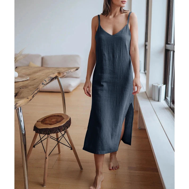 Casual Dresses- Summer Casual Textured Cami Slit Dress in Cotton- - Chuzko Women Clothing