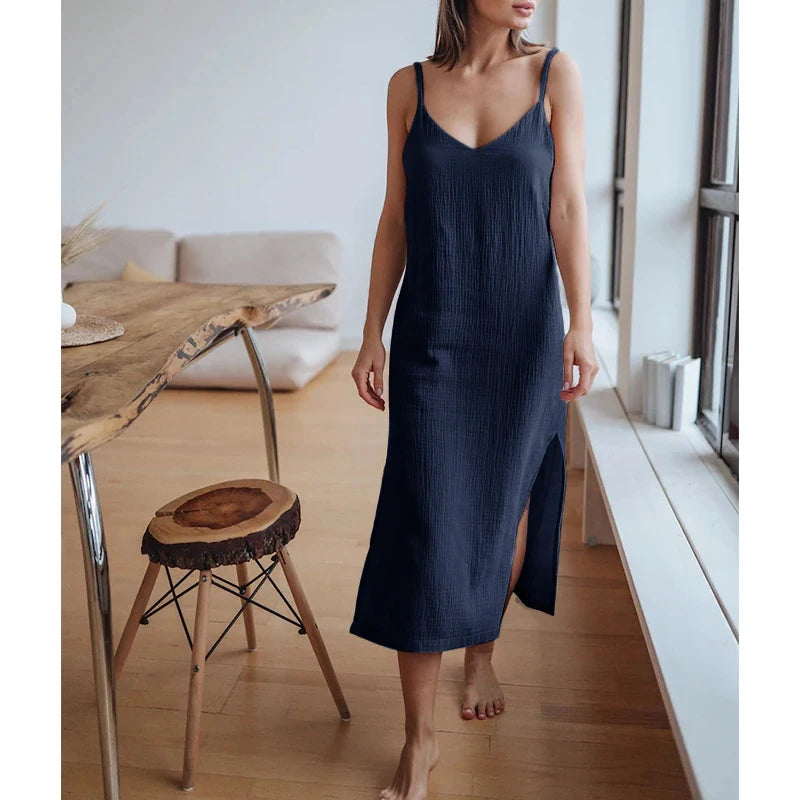 Casual Dresses- Summer Casual Textured Cami Slit Dress in Cotton- 14 dark blue- Chuzko Women Clothing