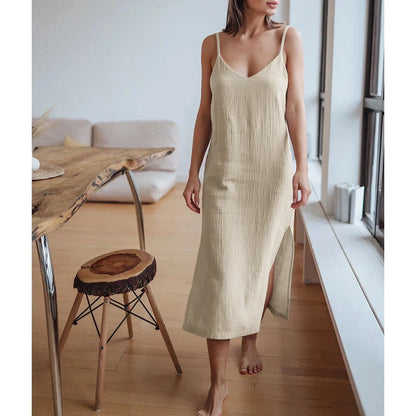 Casual Dresses- Summer Casual Textured Cami Slit Dress in Cotton- 64 beige- Chuzko Women Clothing