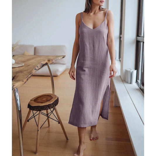 Casual Dresses- Summer Casual Textured Cami Slit Dress in Cotton- 9 purple- Chuzko Women Clothing