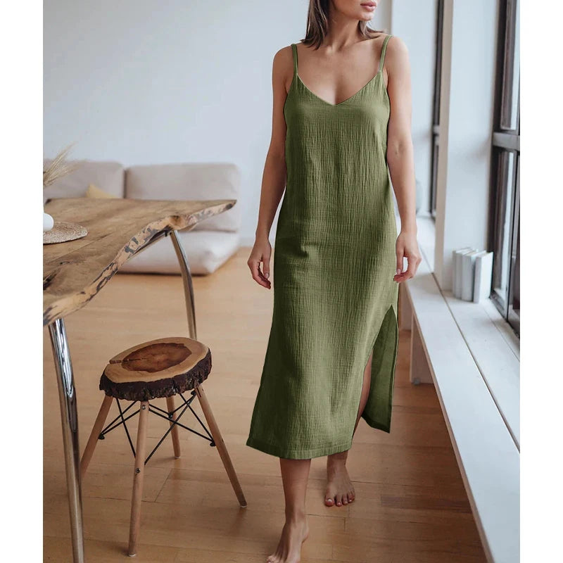 Casual Dresses- Summer Casual Textured Cami Slit Dress in Cotton- 69 green- Chuzko Women Clothing