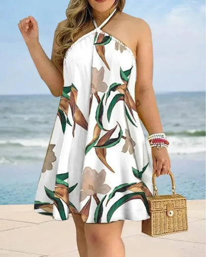 Casual Dresses- Summer Essential Tropical Print Halter Neck Dress- White green- Chuzko Women Clothing