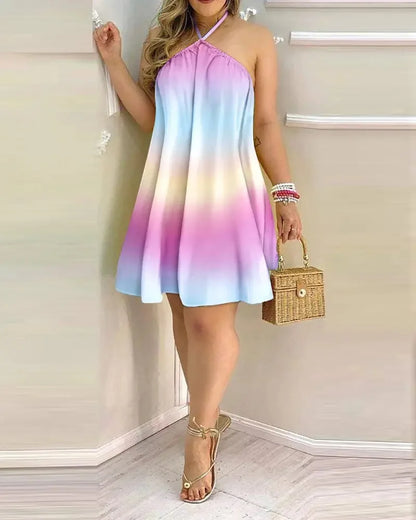 Casual Dresses- Summer Essential Tropical Print Halter Neck Dress- Gradient- Chuzko Women Clothing