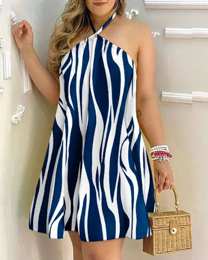 Casual Dresses- Summer Essential Tropical Print Halter Neck Dress- - Chuzko Women Clothing