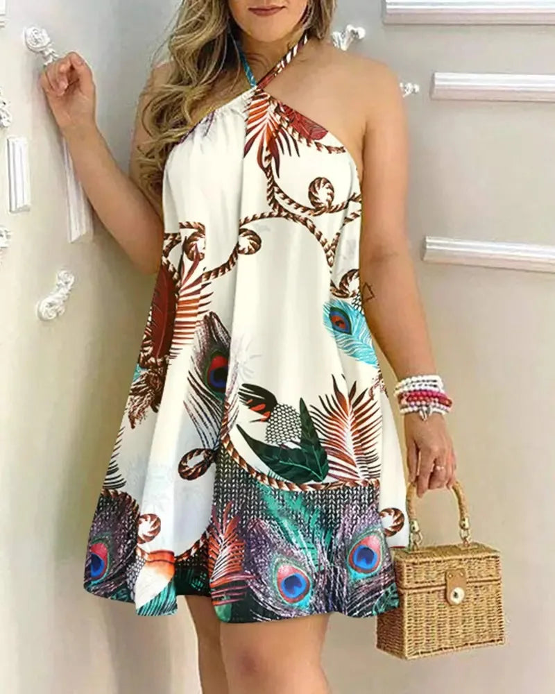 Casual Dresses- Summer Essential Tropical Print Halter Neck Dress- Aqua Apricot- Chuzko Women Clothing