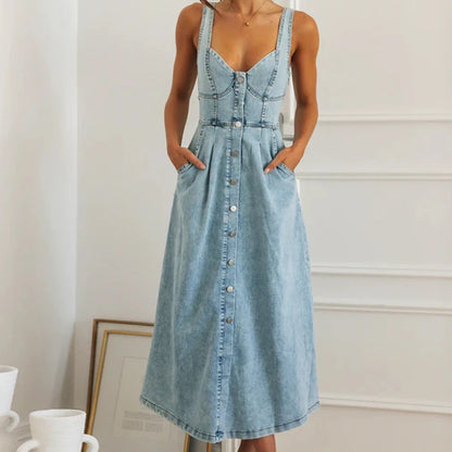 Casual Dresses- Summer Essentials Sweetheart Midi Dress in Denim- Blue- Chuzko Women Clothing