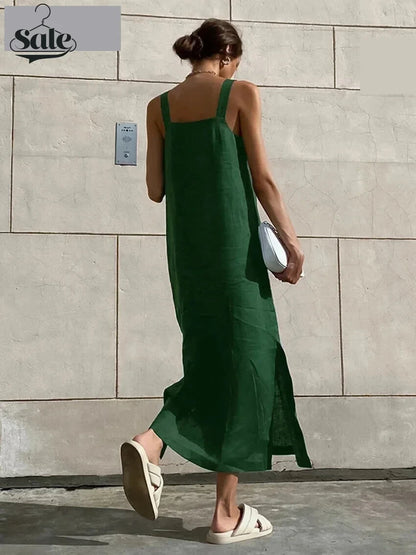 Casual Dresses- Summer Solid Loose Cotton-Linen Tunic Cami Maxi Dress- - Chuzko Women Clothing