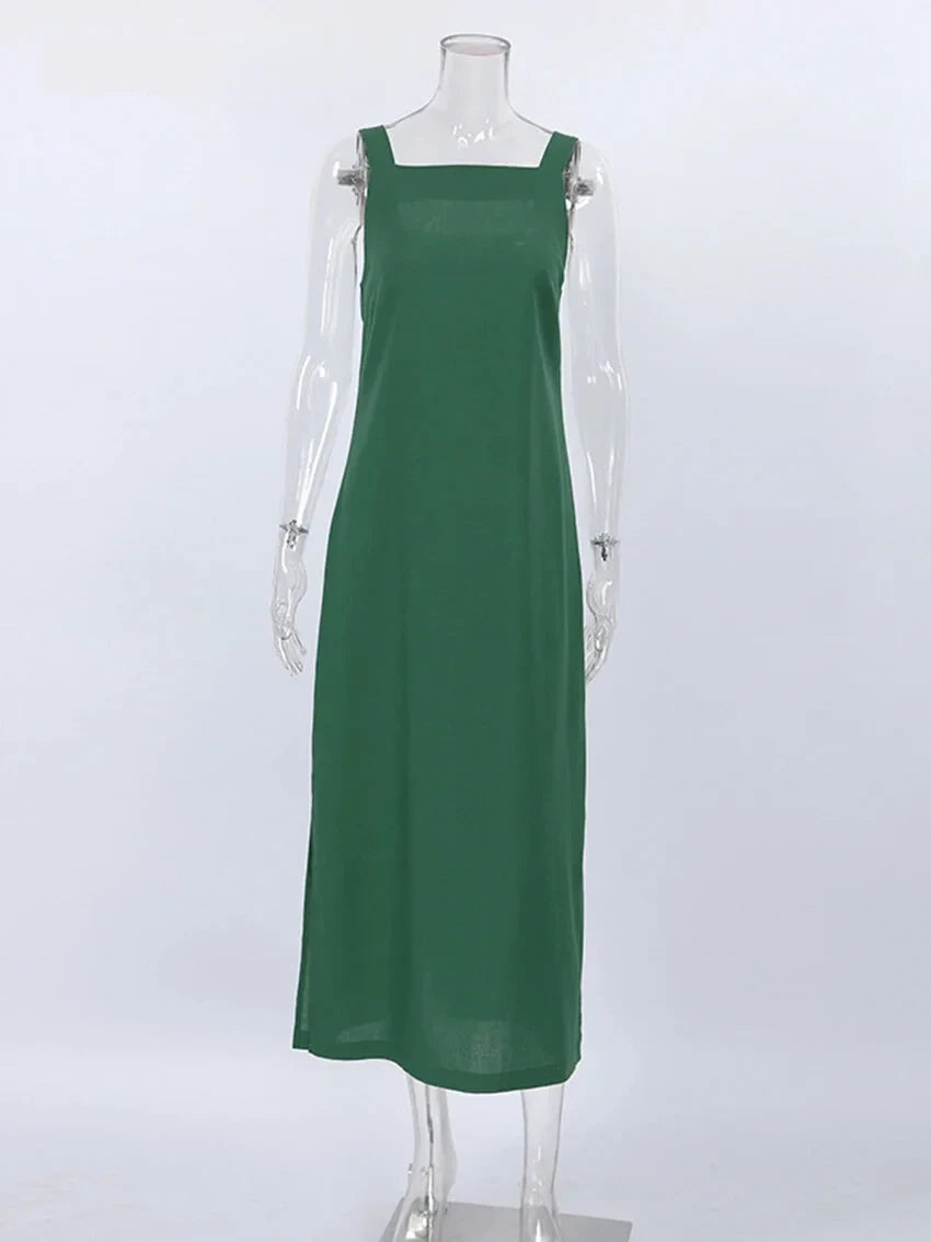 Casual Dresses- Summer Solid Loose Cotton-Linen Tunic Cami Maxi Dress- - Chuzko Women Clothing