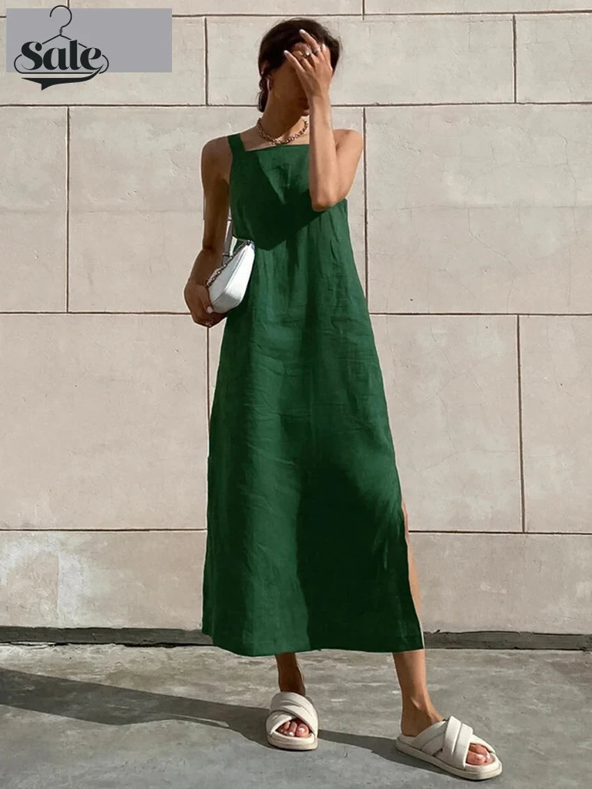 Casual Dresses- Summer Solid Loose Cotton-Linen Tunic Cami Maxi Dress- Green- Chuzko Women Clothing