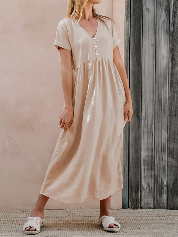 Casual Dresses- Summer Women's A-Line Loose V-Neck Midi Dress in Cotton- - Chuzko Women Clothing