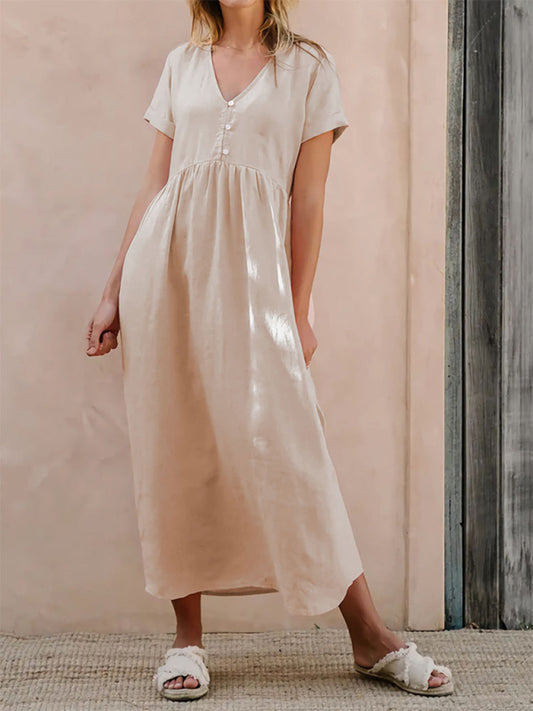 Casual Dresses- Summer Women's A-Line Loose V-Neck Midi Dress in Cotton- Cracker khaki- Chuzko Women Clothing