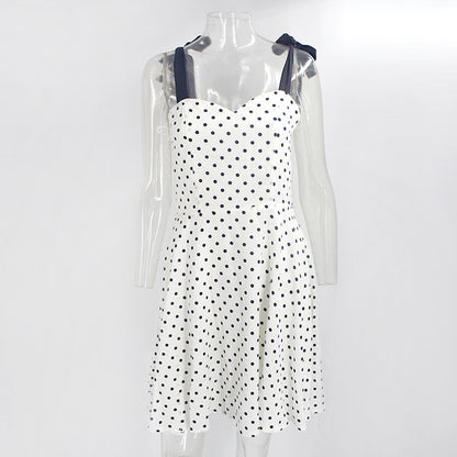 Casual Dresses- Summer Women's Polka Dot Mini Dress with Sweetheart Neckline & Tie-Straps- - Chuzko Women Clothing