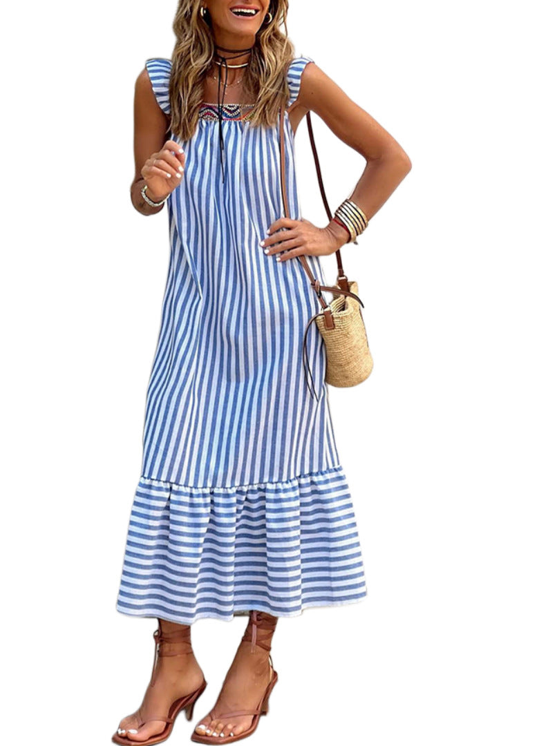 Casual Dresses- Summer Women's Striped Tunic Midi Dress with Ruffle Straps- - Chuzko Women Clothing