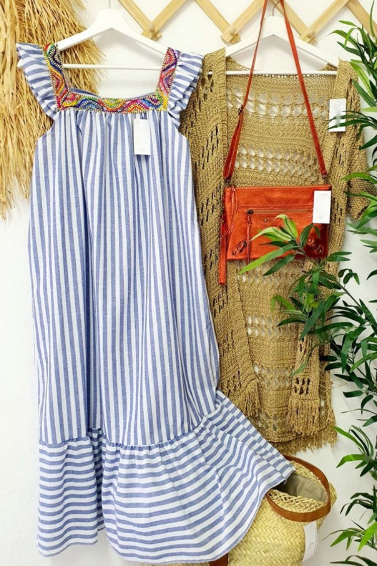 Casual Dresses- Summer Women's Striped Tunic Midi Dress with Ruffle Straps- - Chuzko Women Clothing