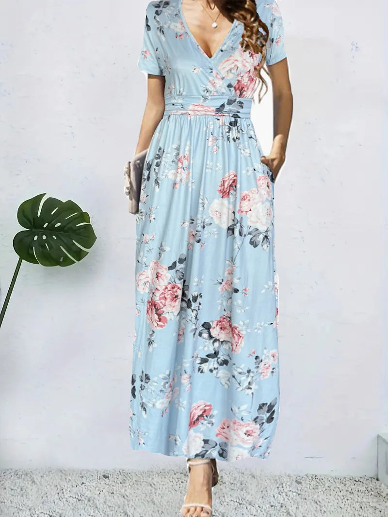 Casual Dresses- Surplice Floral Midi Dress for Trendy Casual Looks- Sky blue- Chuzko Women Clothing