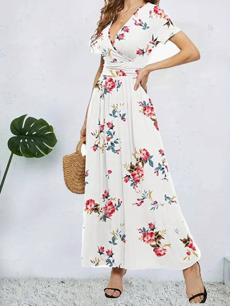 Casual Dresses- Surplice Floral Midi Dress for Trendy Casual Looks- - Chuzko Women Clothing