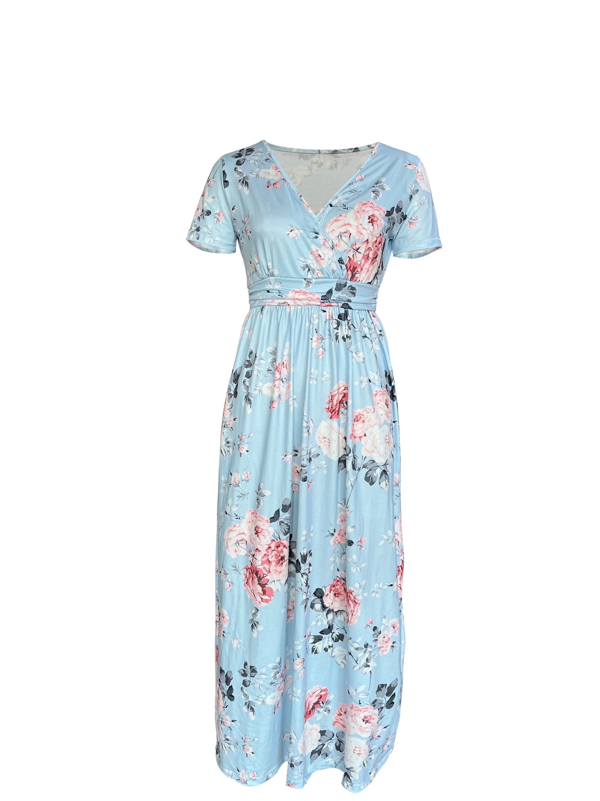 Casual Dresses- Surplice Floral Midi Dress for Trendy Casual Looks- - Chuzko Women Clothing