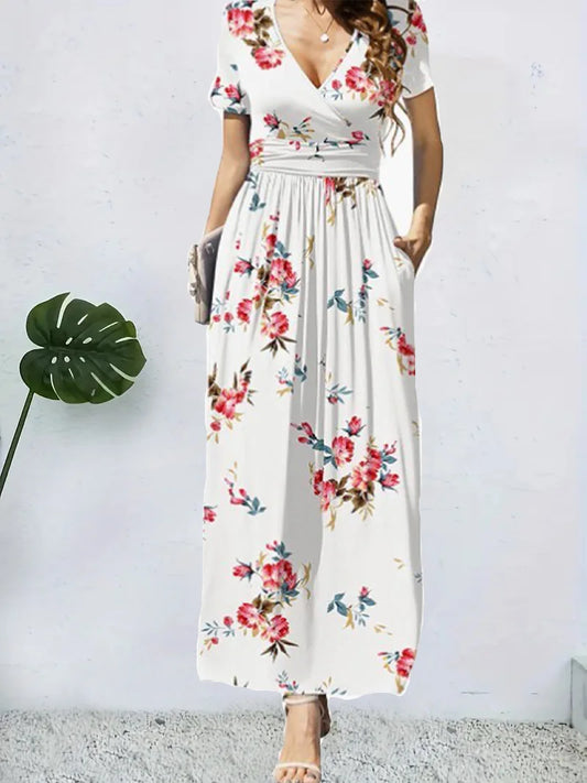 Casual Dresses- Surplice Floral Midi Dress for Trendy Casual Looks- White- Chuzko Women Clothing