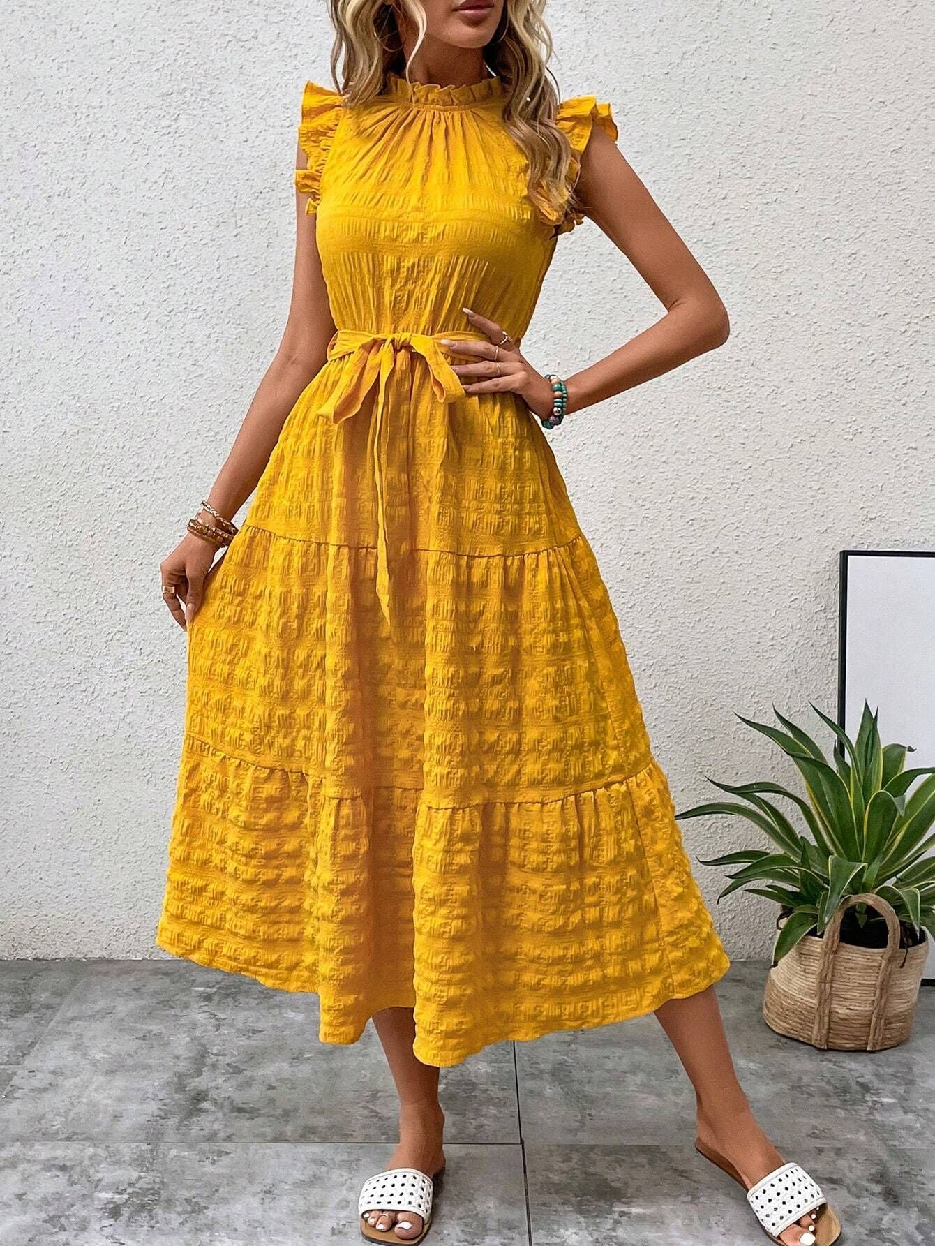Casual Dresses- Tiered Waffle Midi Dress & Bowknot Belt Accent & Frill accents- Yellow- Chuzko Women Clothing