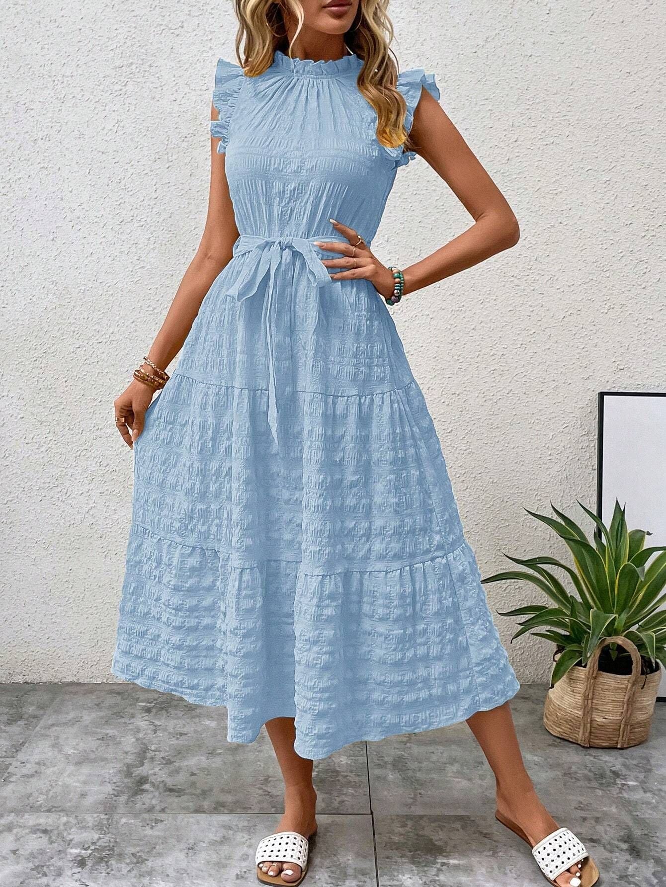 Casual Dresses- Tiered Waffle Midi Dress & Bowknot Belt Accent & Frill accents- Light Blue- Chuzko Women Clothing