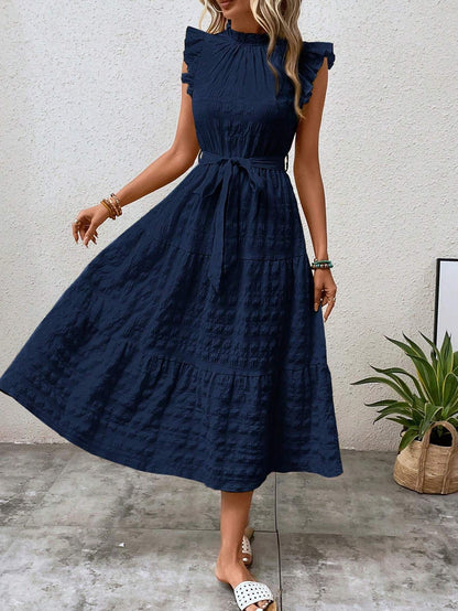 Casual Dresses- Tiered Waffle Midi Dress & Bowknot Belt Accent & Frill accents- Navy Blue- Chuzko Women Clothing