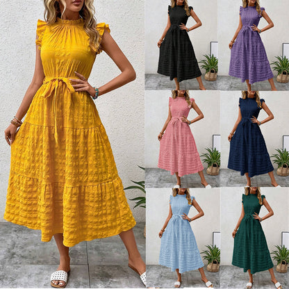 Casual Dresses- Tiered Waffle Midi Dress & Bowknot Belt Accent & Frill accents- - Chuzko Women Clothing
