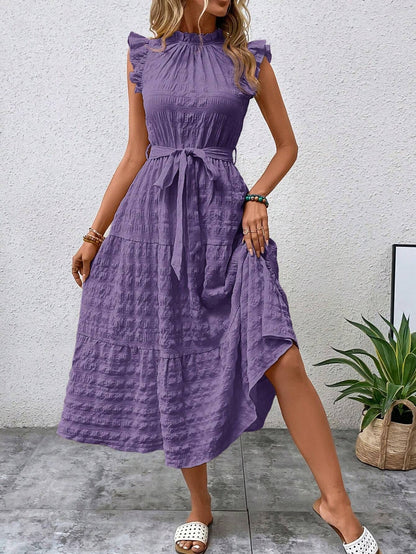 Casual Dresses- Tiered Waffle Midi Dress & Bowknot Belt Accent & Frill accents- Purple- Chuzko Women Clothing