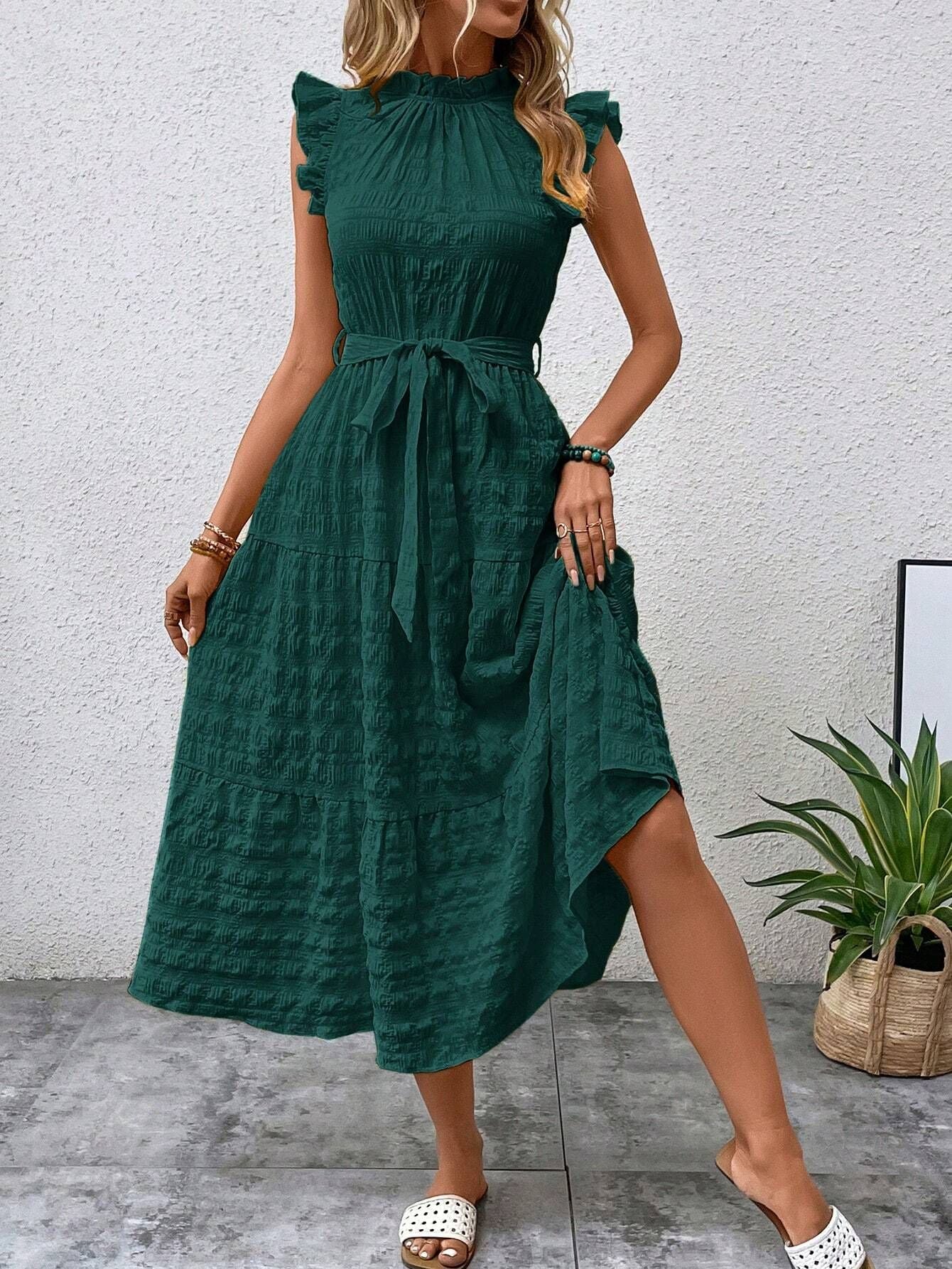 Casual Dresses- Tiered Waffle Midi Dress & Bowknot Belt Accent & Frill accents- Dark Green- Chuzko Women Clothing