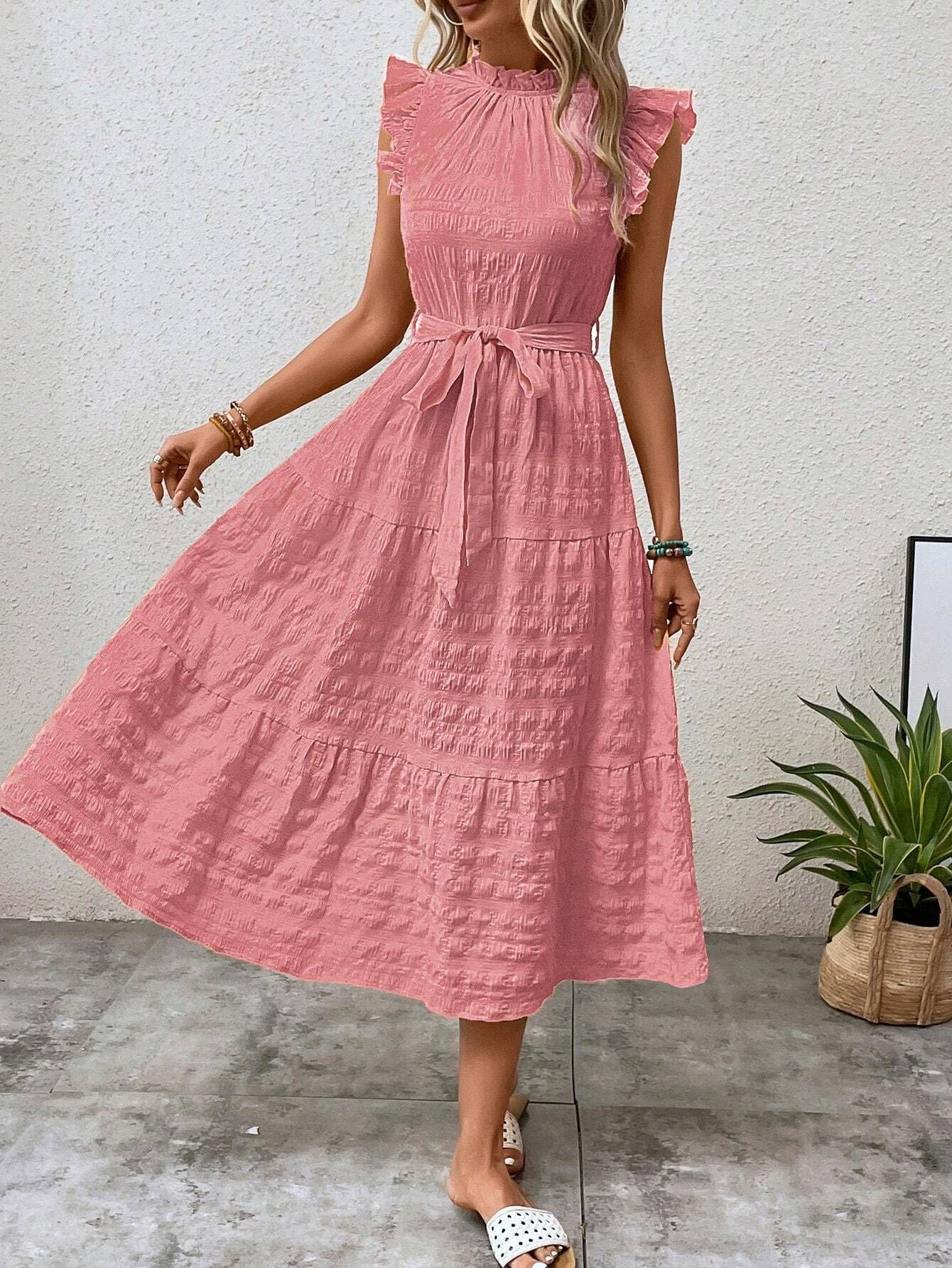 Casual Dresses- Tiered Waffle Midi Dress & Bowknot Belt Accent & Frill accents- Pink- Chuzko Women Clothing