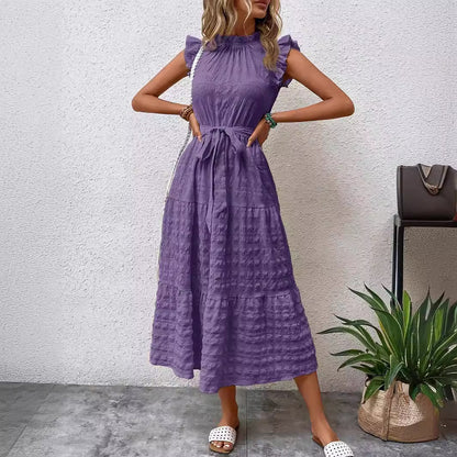 Casual Dresses- Tiered Waffle Midi Dress & Bowknot Belt Accent & Frill accents- - Chuzko Women Clothing