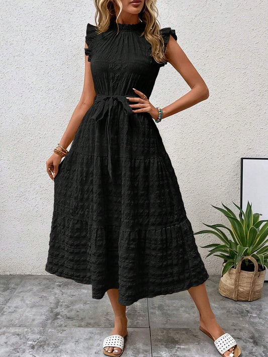 Casual Dresses- Tiered Waffle Midi Dress & Bowknot Belt Accent & Frill accents- Black- Chuzko Women Clothing