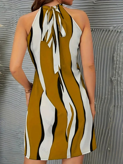 Casual Dresses- Trendy Sleeveless Halter Mini Dress with Bowknot Back- - Chuzko Women Clothing