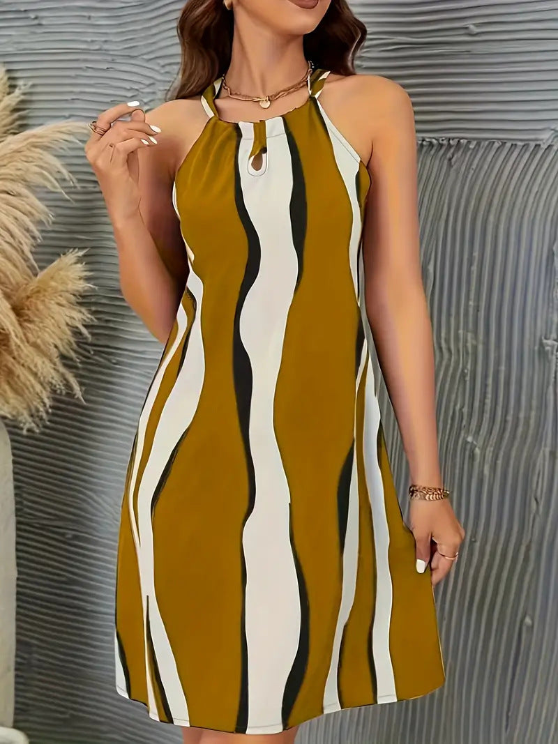 Casual Dresses- Trendy Sleeveless Halter Mini Dress with Bowknot Back- Ginger Yellow- Chuzko Women Clothing