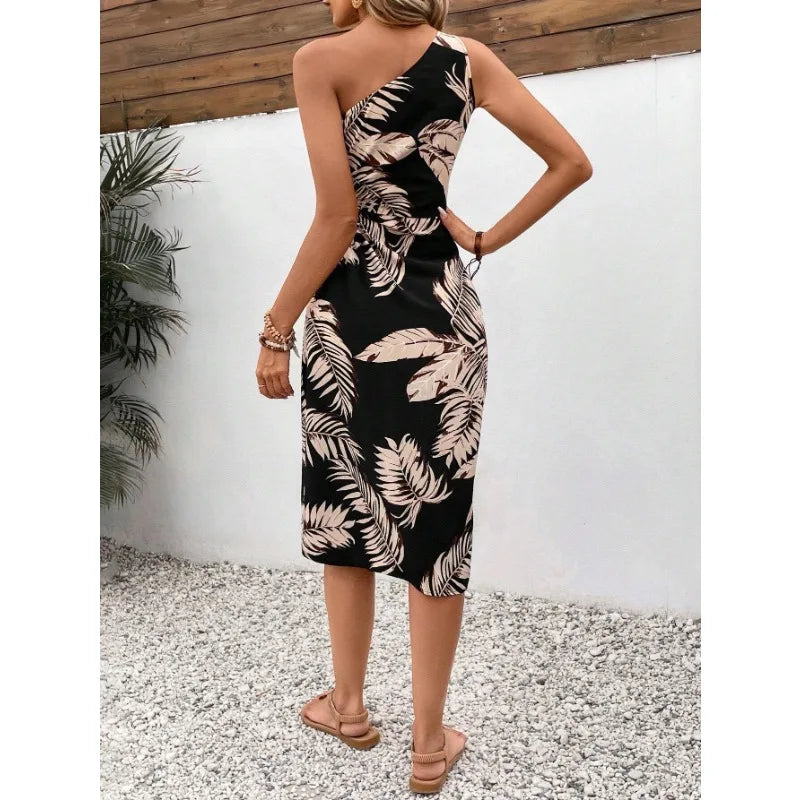 Casual Dresses- Tropical Trend Asymmetric Dress with Thigh-High Slit- - Chuzko Women Clothing