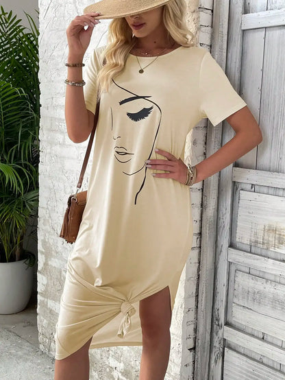 Casual Dresses- Tunic Style Midi Dress for Casual Outings & Summer Lounging- Beige- Chuzko Women Clothing