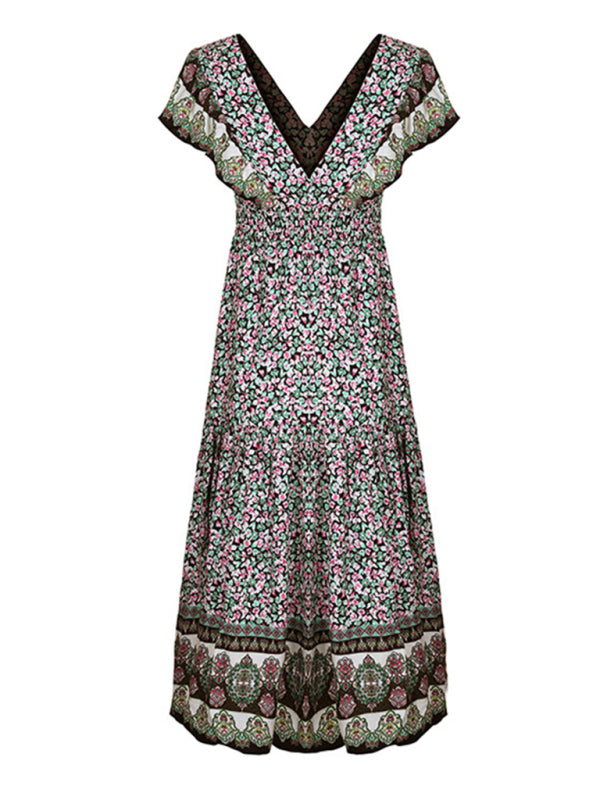 Casual Dresses- V-Neck A-Line Midi Dress with Ruffle Panel for Women- - Chuzko Women Clothing