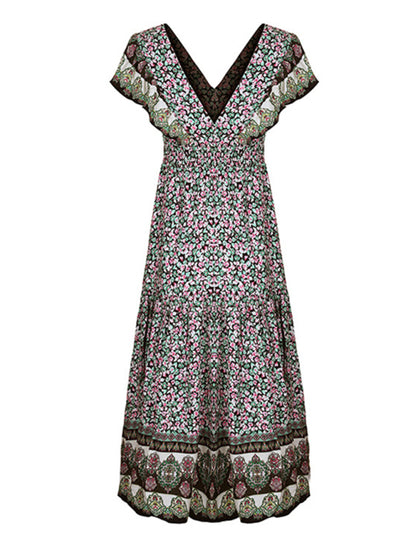 Casual Dresses- V-Neck A-Line Midi Dress with Ruffle Panel for Women- - Chuzko Women Clothing