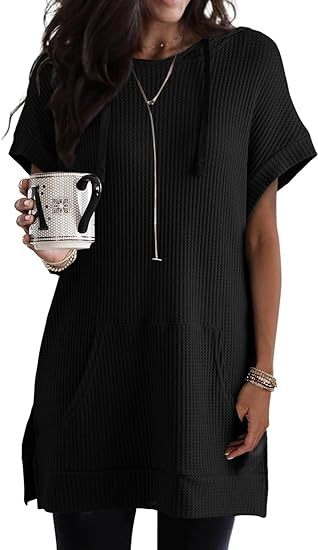 Casual Dresses- Versatile Knitwear Solid Mini Dress with Kangaroo Pocket- Black- Chuzko Women Clothing