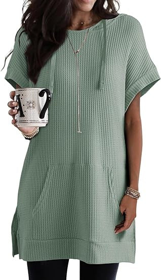 Casual Dresses- Versatile Knitwear Solid Mini Dress with Kangaroo Pocket- Bean Green- Chuzko Women Clothing